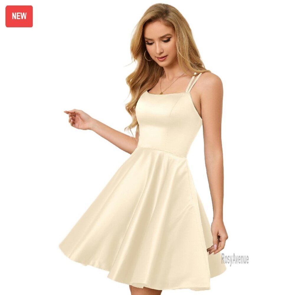 Knee Length Satin Backless Prom Dress with Pockets and Built-in Bra